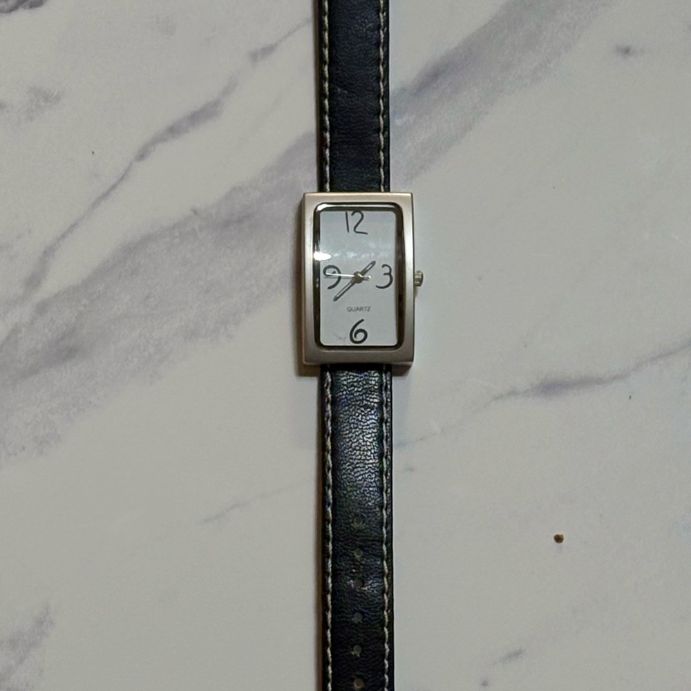 Black Leather Strap Silver Watch